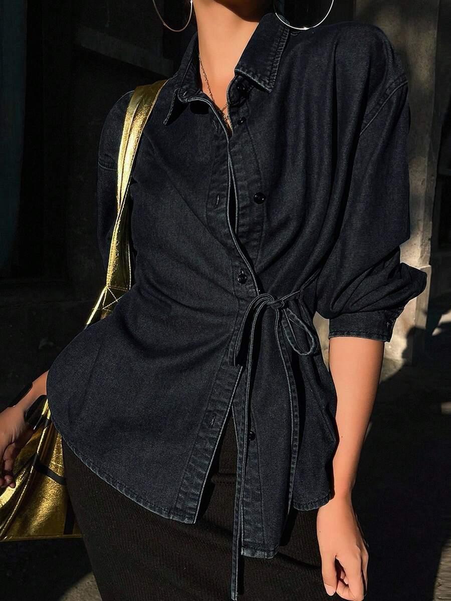 DAZY 女式纯色前扣长袖牛仔衬衫（侧系带）