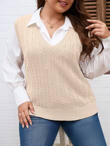 Áo vest dệt kim màu trơn cổ chữ V cỡ lớn dành cho nữ, phong cách sinh viên, thích hợp cho mùa tựu trường, mùa thu/đông - Màu be - Xem 1