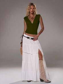 TRNVIE Women's Deep V-Neck Fitted Casual Top, Spring/Summer - Army Green - View 5