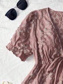 SHEIN Franclia 時尚優雅緹花女款短袖V領上衣，2025夏季新品短袖上衣 - 粉色 - 查看 5