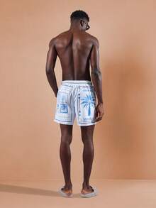 SUMWON Shorts de playa casuales con estampado de palmeras, tabla de surf hawaiana, pantalones cortos de verano con cordón y cintura elástica, ropa de resort, vacaciones, shorts para fiesta en la piscina