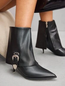 CUCCOO SZL Botas Ankle para Mulheres, Botas de Salto Alto Pontudas da Moda com Fivela de Metal, Forro com Zíper Interno, Sola Antiderrapante, Adequadas para Compras, Festas, Casamentos e Outras Ocasiões - Preto - Visão 3