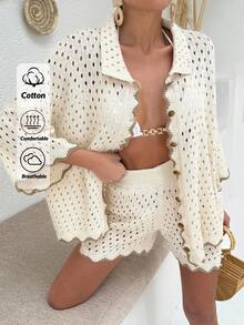 EURMUSE Women Solid Color Front Button Collar Neck Shirt & Sweater Short Set Women Clothing Summer Outfits Women Summer Clothing - Beige - View 1