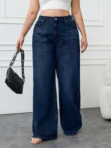 Jeans casual a gamba dritta e ampia in 100% cotone, taglia comoda per donna, colore blu