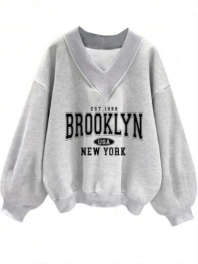 Attitoon 女士V领宽松休闲卫衣，适合初秋，美式学院风，布鲁克林印花