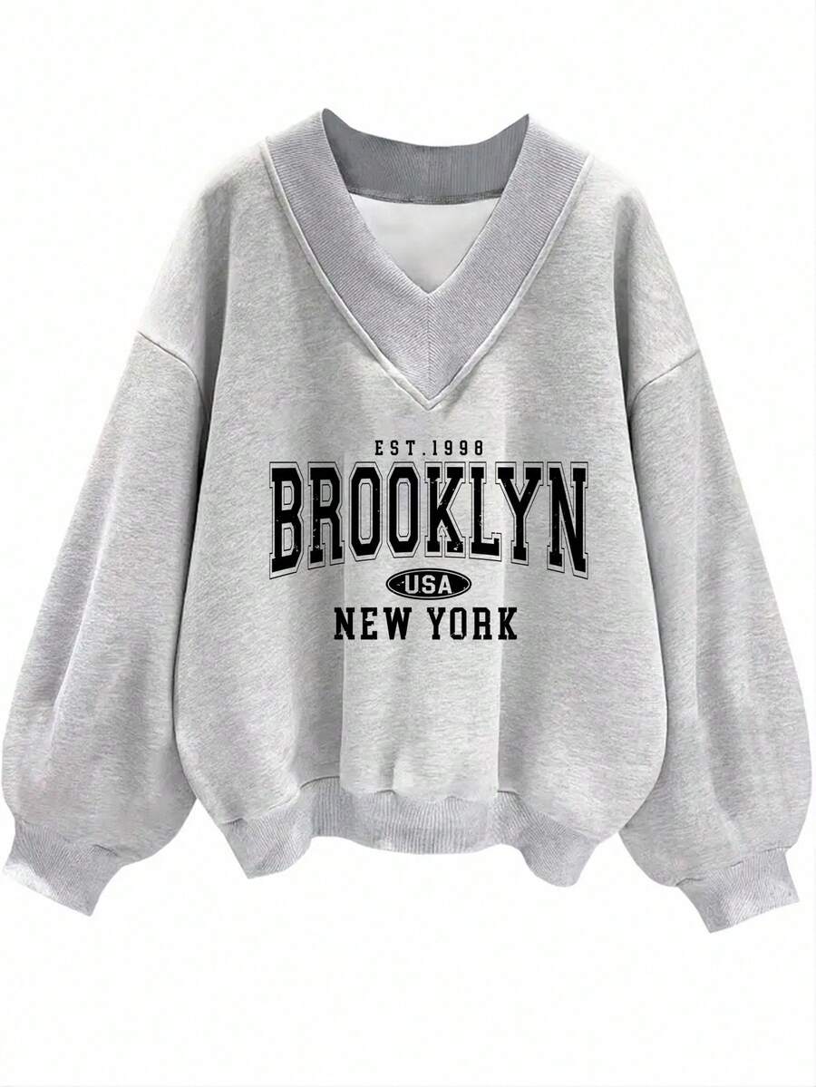 Attitoon 女士V领宽松休闲卫衣，适合初秋，美式学院风，布鲁克林印花 - 灰色 - 查看 1