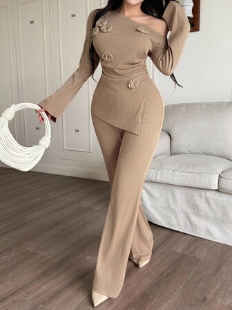 Feyla Conjunto de 2 piezas de top de manga larga con decoración floral 3D asimétrica y pantalones de unicolor para mujer