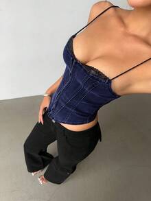Aloruh Top de mezclilla ajustado con parches de encaje sexy para mujer - Azul lavado oscuro - Ver 6