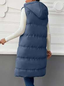 EURMUSE Women's Casual Solid Color Sleeveless Hooded Jacket, Versatile For Winter - Dusty Blue - View 2