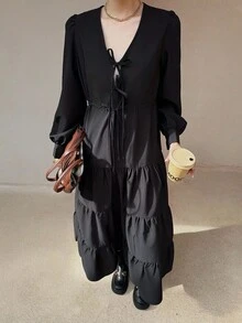 K-Vae 女秋冬黑色V领吊带长袖长裙蝴蝶结装饰连衣裙学院风韩版万圣节服装别致秋季 - 黑色 - 查看 4