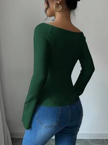 Elenzga 1pc Off-Shoulder Flare Sleeve Fitted Women Sweater, Christmas - Dark Green - View 3