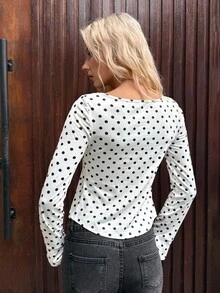 MainGRL Elegante blusa de mujer con estampado de lunares, abertura delantera y bajo con abertura