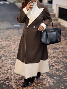 Vionelle Áo khoác dài tay dài thắt lưng màu tương phản cổ điển cỡ lớn dành cho nữ, phong cách đi làm, mùa thu/đông - Nhiều màu - Xem 1