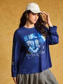 HARRY POTTER X SHEIN Áo thun tay dài in chữ và phù thủy dáng rộng cỡ lớn dành cho nữ, Xuân/Thu - Nhiều màu - Xem 5