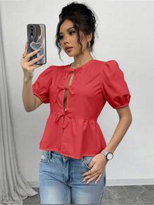 Chiquease 女士泡泡袖蝴蝶结细节衬衫 - 紅色 - 查看 1