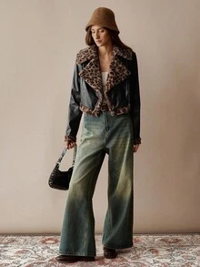 Women's Autumn/Winter Hippie Style Short PU Patchwork Faux Fur Leopard Print Lapel Long Sleeve Jacket Coat - Black - View 6