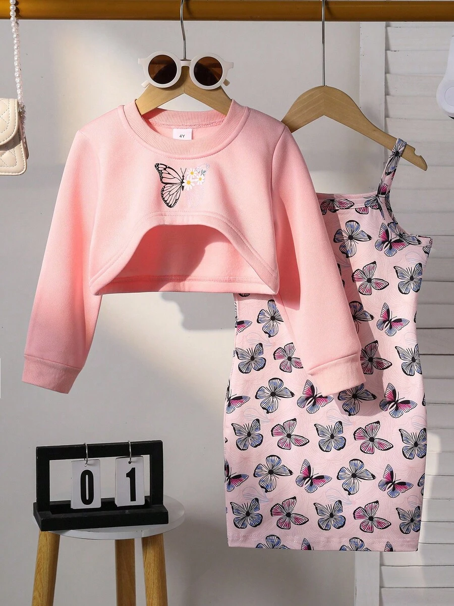 2 件套女童蝴蝶印花长袖上衣 + 蝴蝶全身印花吊带背心裙，时尚休闲装，适合作为礼物 - 彩色 - 查看 1