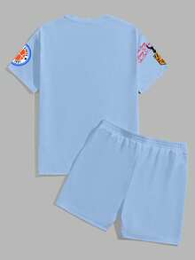 Manfinity Homme Bộ áo thun nam cổ tròn tay ngắn in khẩu hiệu và quần short cạp rút - Màu xanh lam - Xem 4