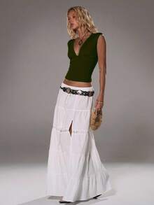 TRNVIE Women's Deep V-Neck Fitted Casual Top, Spring/Summer - Army Green - View 6