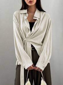 DAZY Women's Solid Color Waist Cinched Business Casual Shirt Long Sleeve Top - Beige - View 4