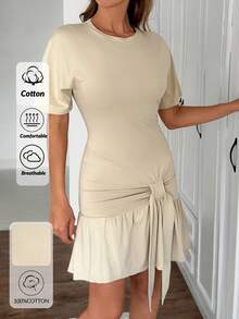 EURMUSE Women's Beige Knot Detailed Pleated Casual Short Dress - Beige - View 1