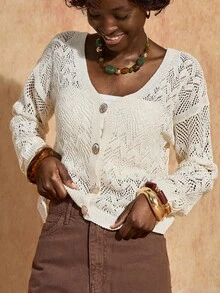 Bóhologie 女士轻便纽扣开衫 - 白色 - 查看 4