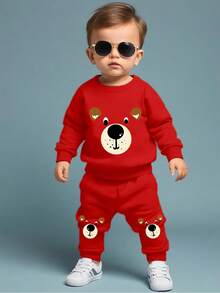 男婴卡通印花长袖舒适休闲运动衫和运动裤套装，秋季 - 紅色 - 查看 1