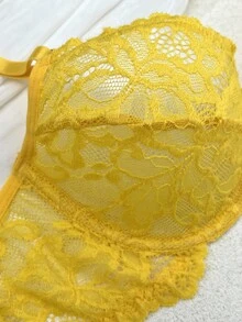 SHEIN French Floral Lace Romantic Elegant Bra + Thong Lingerie Set, Sexy Women's Underwear - Yellow - View 6