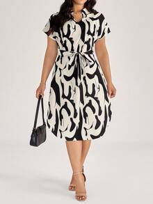 Comfylo Vestido casual de talla grande con estampado y dobladillo asimétrico con nudo para mujer