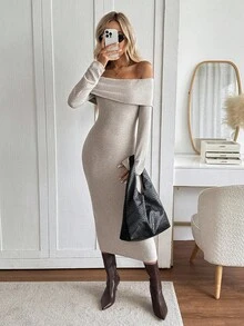 Easowa Women's Elegent Beige Winter Off Shoulder Fuzzy Ribbed Long Sleeve Midi Dress,Tight-Fitting Casual Fall Clothes For Date,Elegant Formal Evening Dress - Khaki - View 2