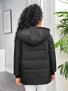 Sparklyn Tween Girls' Casual All-Match Versatile Daily Leopard Print Quilted Long Padded Coat With Hood, Autumn/Winter Fall - Black - View 2