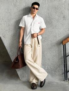 ESTAVOR 男士动物刺绣褶皱阔腿宽松休闲裤，秋季 - 杏色 - 查看 1