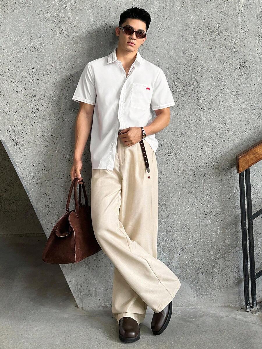 ESTAVOR 男士动物刺绣褶皱阔腿宽松休闲裤，秋季 - 杏色 - 查看 1