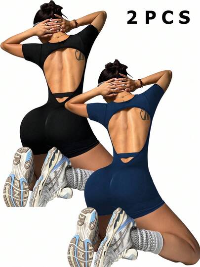 Dewbera 2 件女式简约纯色露背短袖无缝运动连体裤，夏季