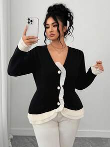 Elenzga Plus Size Elegant Color Block Ruffle Trim Cardigan, Autumn/Winter Fall Cloth For Women - Black - View 1