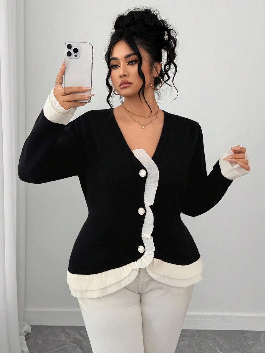 Elenzga Plus Size Elegant Color Block Ruffle Trim Cardigan, Autumn/Winter Fall Cloth For Women - Black - View 1