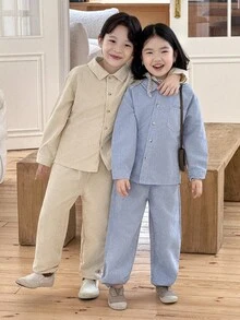 Genkimix Kids 女童灯芯绒衬衫和宽松长裤两件套，蓝色 - 藍色 - 查看 1