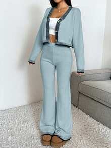 EURMUSE 2pcs Women Contrast Trim Cardigan & Knit Pants Set,Winter Clothes - Mint Green - View 5