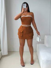 Zolique Women's Contrast Color Cropped Bandeau Top And Utility Midi Skirt Casual 2 Pieces Set