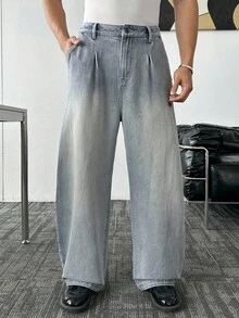 SWAVVY Men's Loose Casual Light Washed Denim Barrel Leg Jeans With Pockets - Light Wash - View 2