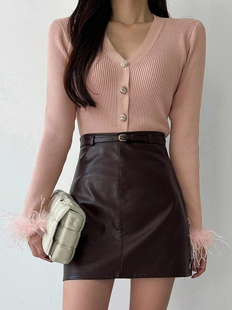 Chic V-Neck Fuzzy Sleeve Cardigan For Women, Slim Fit & Flattering Fall/Winter