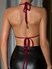 Zolique Top corto halter sin espalda con adorno de flecos de strass para ropa de fiesta de vacaciones - Rojo - Ver 3
