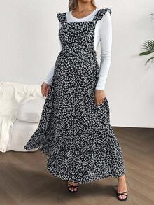 SHEIN Váy bầu tay lỡ họa tiết hoa thanh lịch cho kỳ nghỉ - màu đen - Xem 3