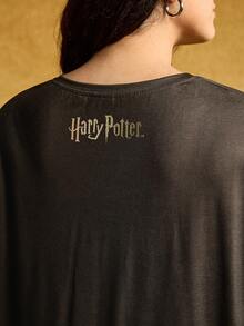 HARRY POTTER X SHEIN Plus Size Summer Casual Snake Print Round Neck Drop Shoulder Oversize Short Sleeve T-Shirt - Black - View 3