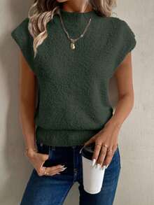 EMERY ROSE Autumn/Winter French Gentle Apricot Color Turtleneck Casual Asymmetric Fleece Sweater Vest, Suitable For Going Out And Attending Parties - Army Green - View 5