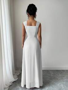 Rafferiza Sleeveless Waist Cinched Solid Color Split Dress - White - View 2