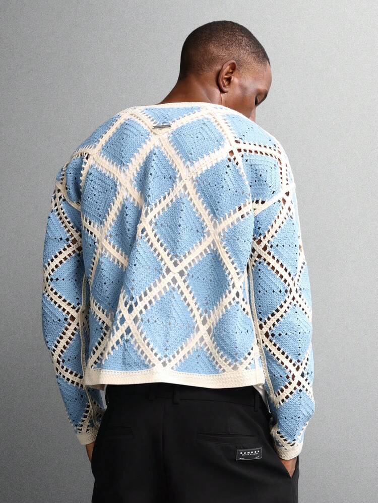 Cárdigan de punto abierto con mangas largas y diseño de crochet enrejado