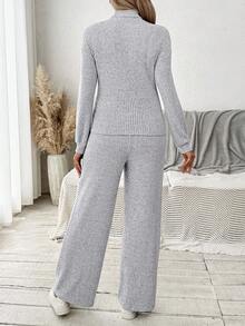 SHEIN 2pcs Maternity Grey Autumn Smart Casual Everyday Solid Color Textured Long Sleeve Top And Pants Set,Comfortable Two Piece Lounge Fall Winter Clothes - Grey - View 2