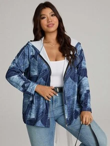 Comfylo Quần áo mùa đông cỡ lớn mùa thu thường ngày vá & áo khoác hoodie màu xanh in có khóa kéo có túi - Nhiều màu - Xem 8