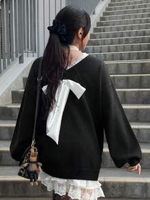 FRIFUL Áo len chui đầu cổ tròn thắt nơ viền ren đen cho nữ, dáng rộng, đa năng cho mùa thu - màu đen - Xem 2